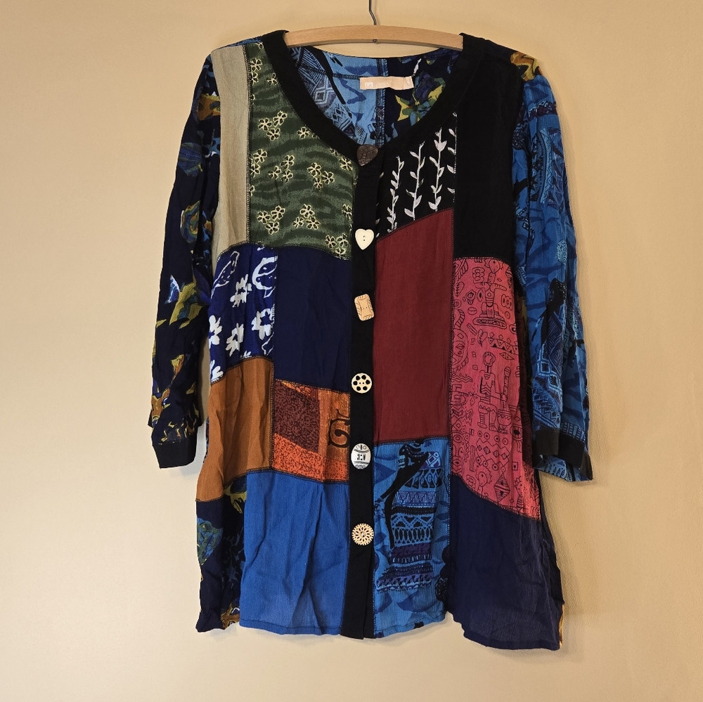 La Cera Womens Blouse Medium Patchwork Button Fro… - image 1